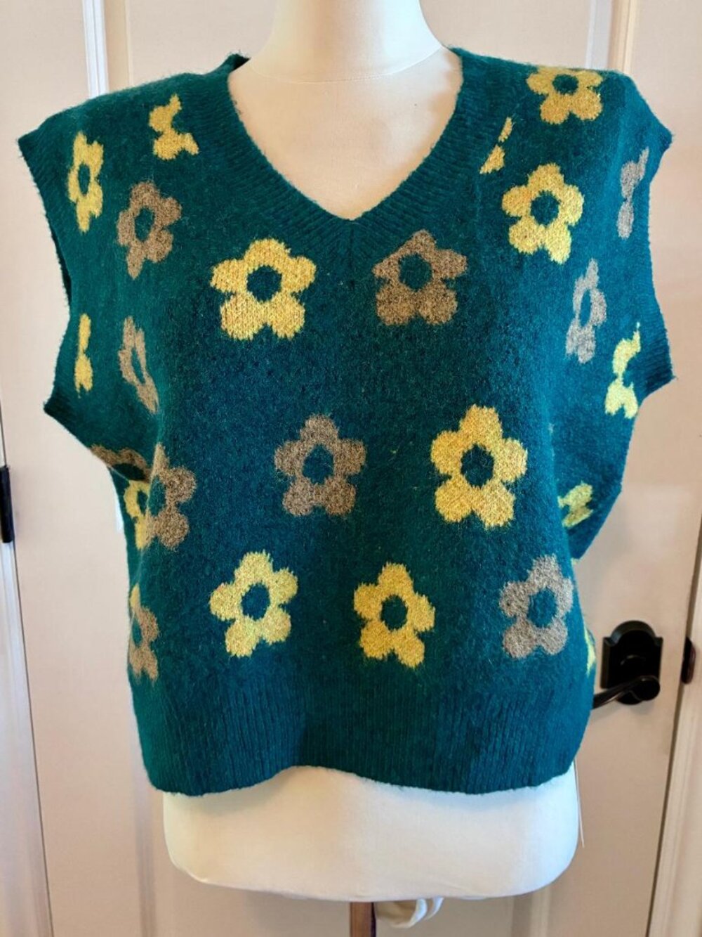 Cider Sweater Vest, Size Small, NWT, Green with Flowers, Oversized, V-Neck